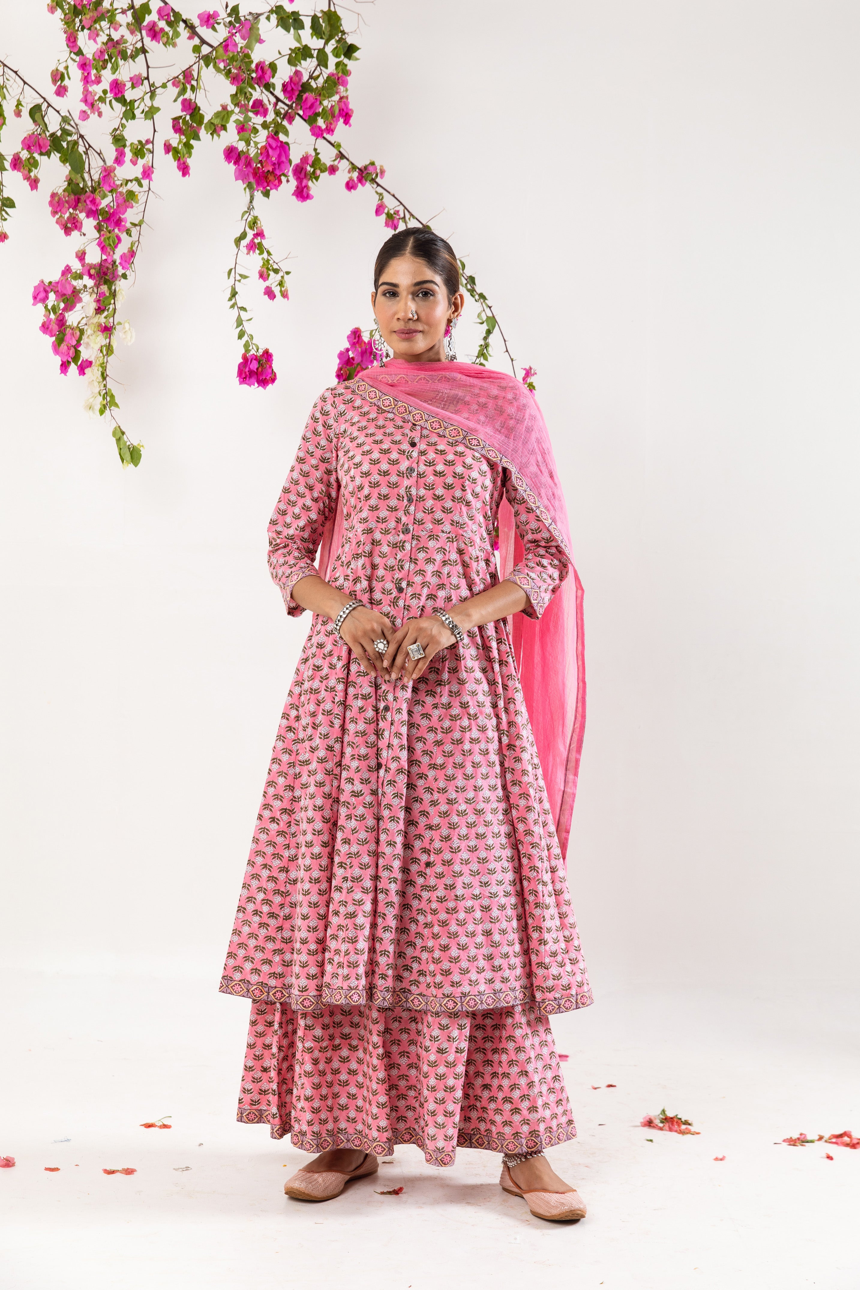 Pink hand block Kalidar Set