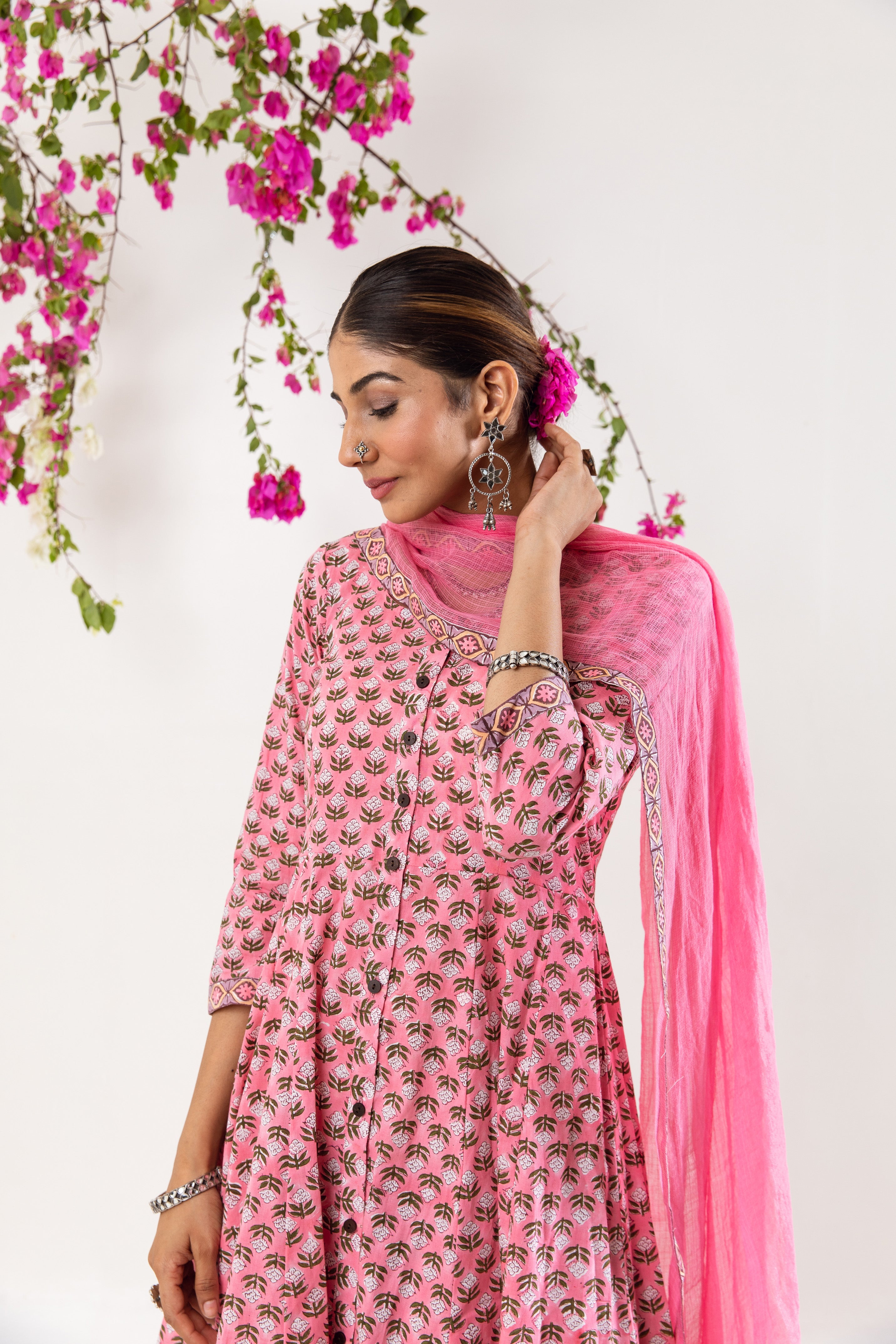 Pink hand block Kalidar Set