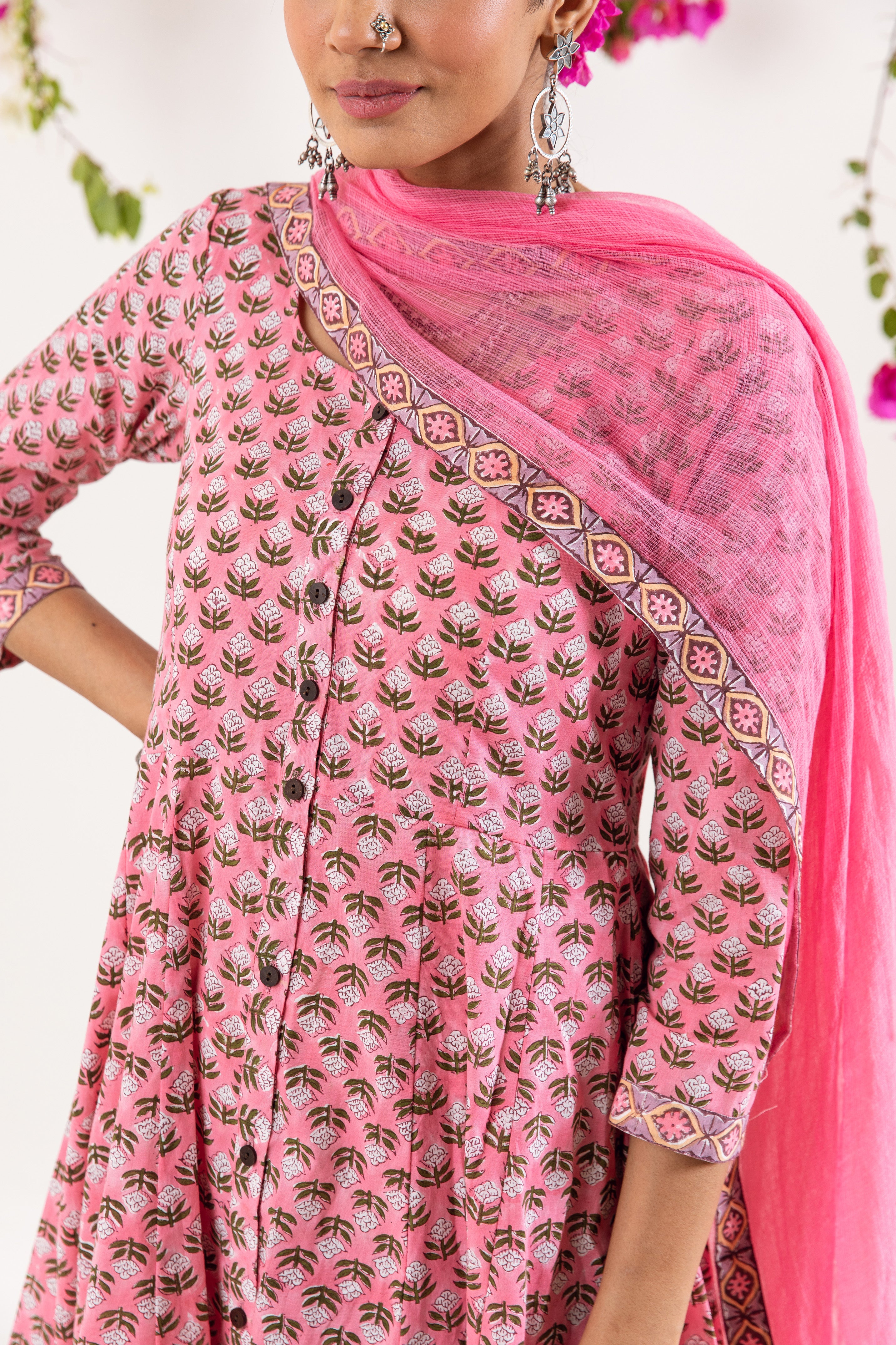 Pink hand block Kalidar Set