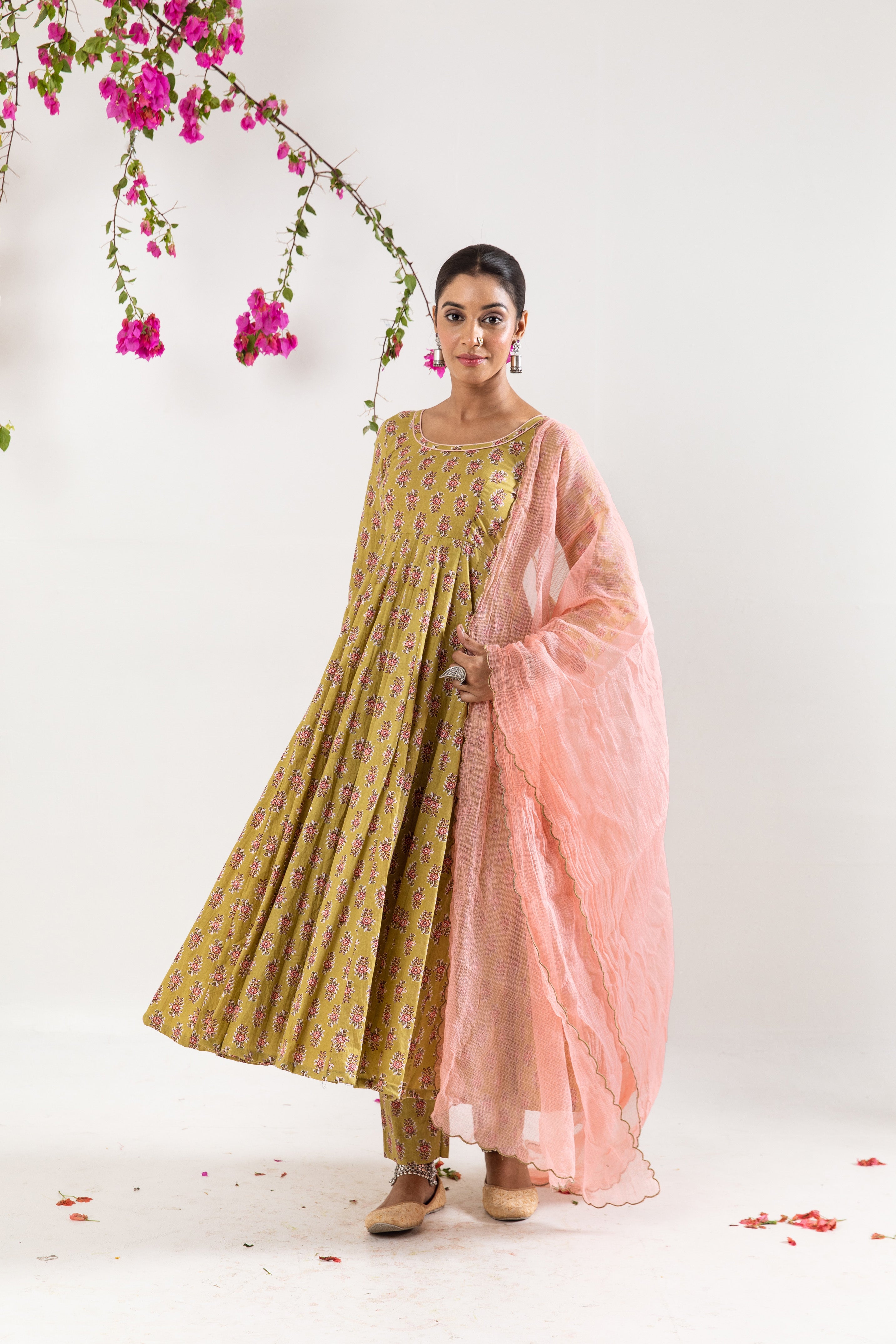 Beige green Anarkali Set