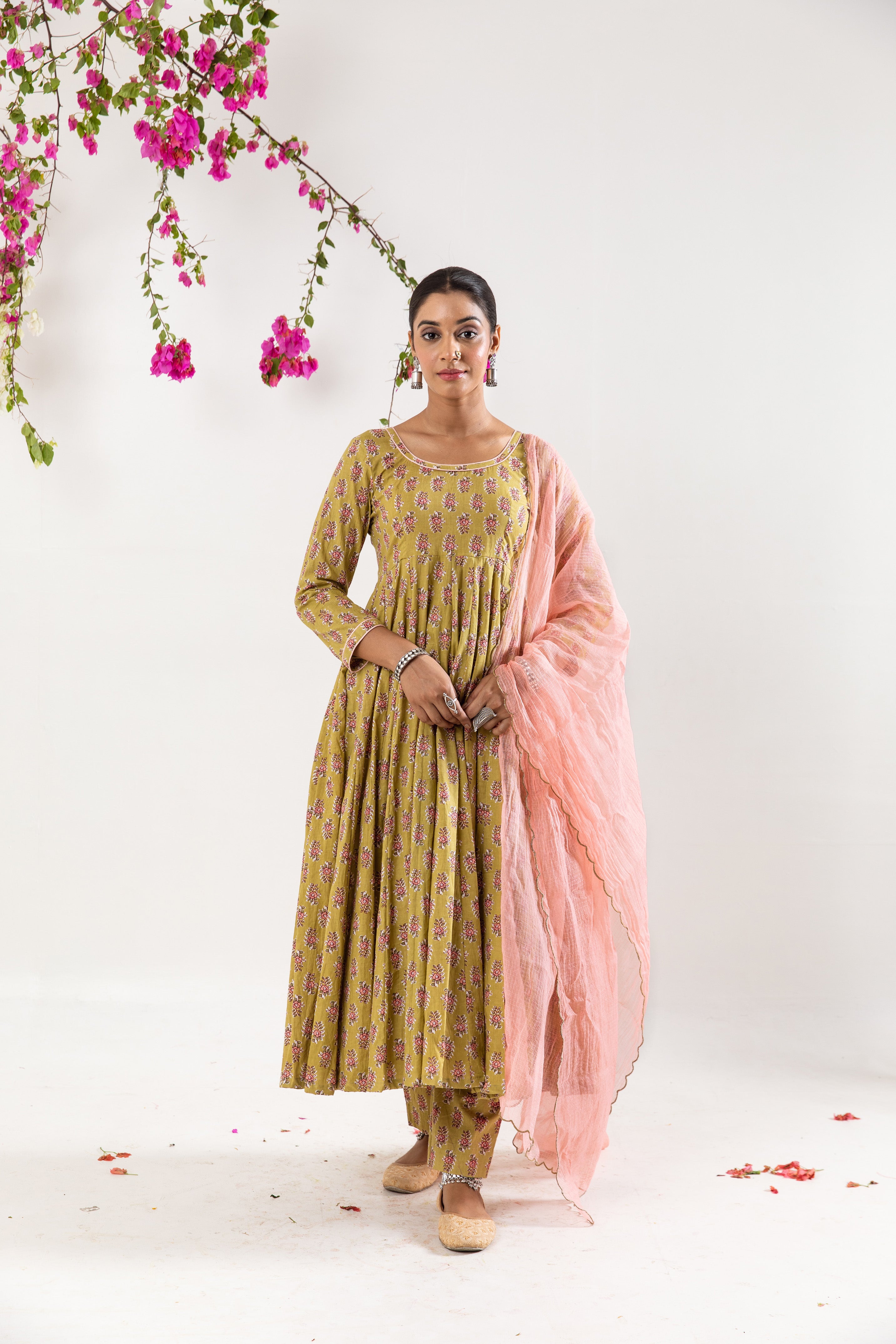Beige green Anarkali Set