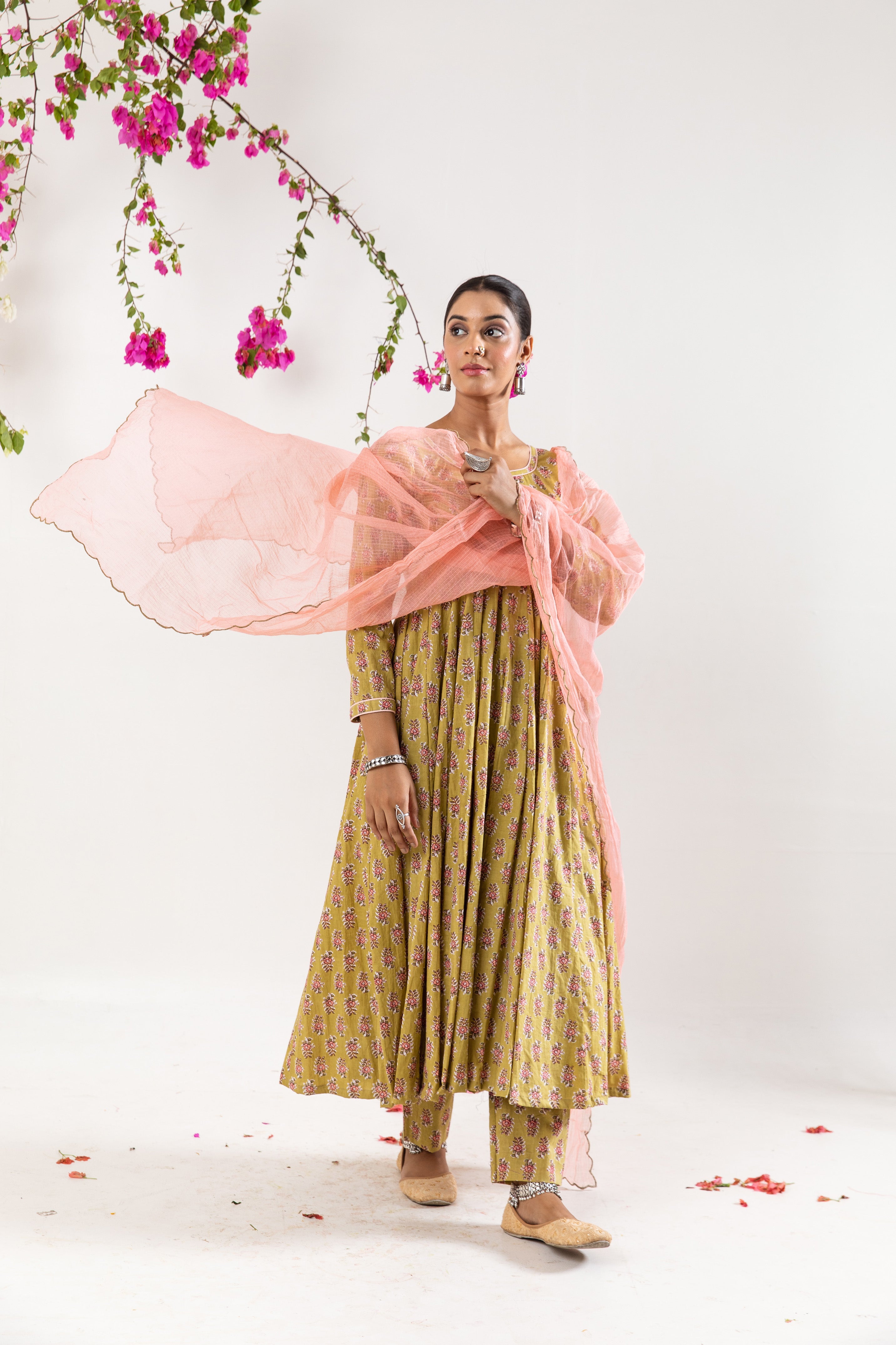 Beige green Anarkali Set