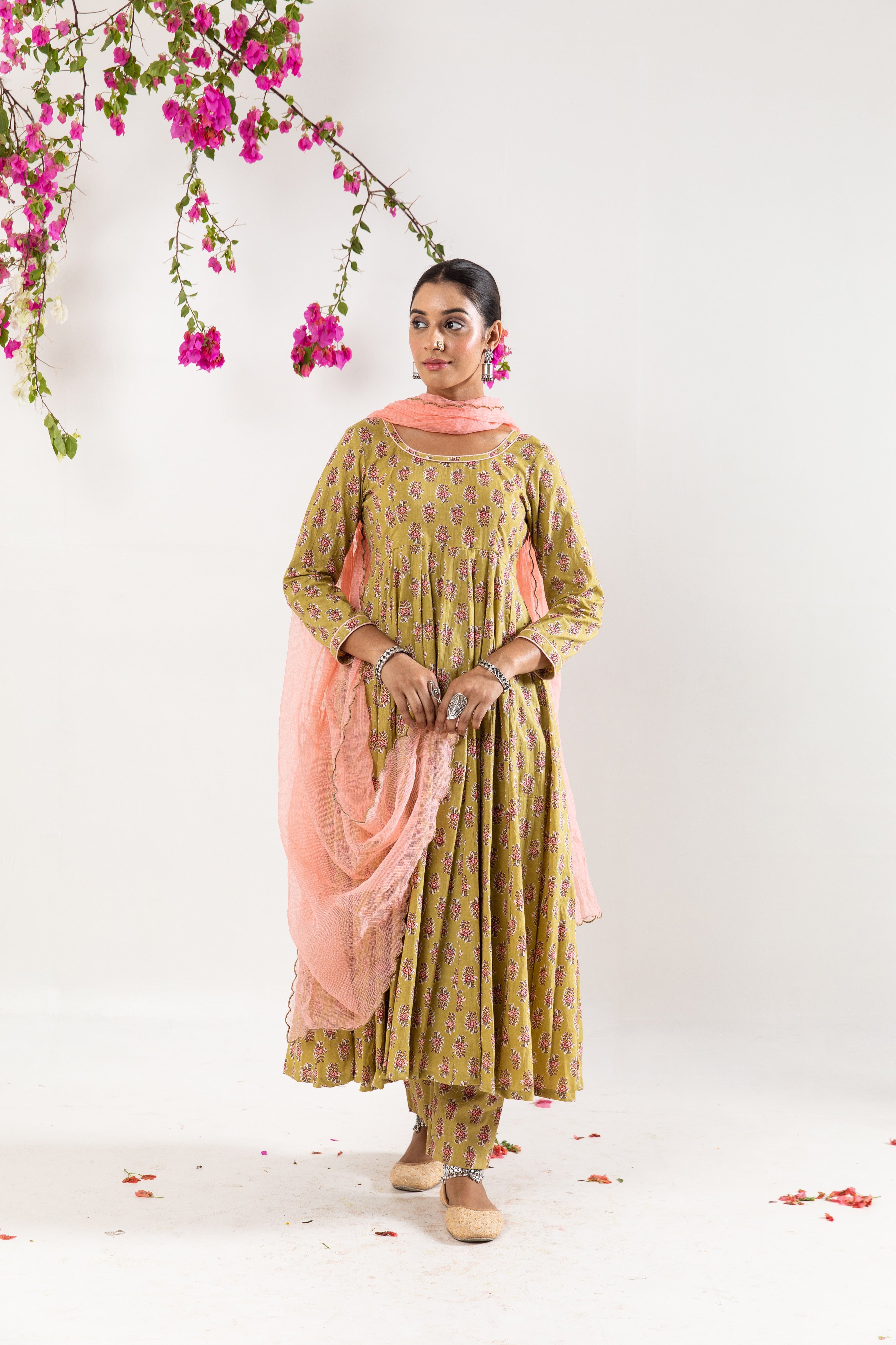 Beige green Anarkali Set