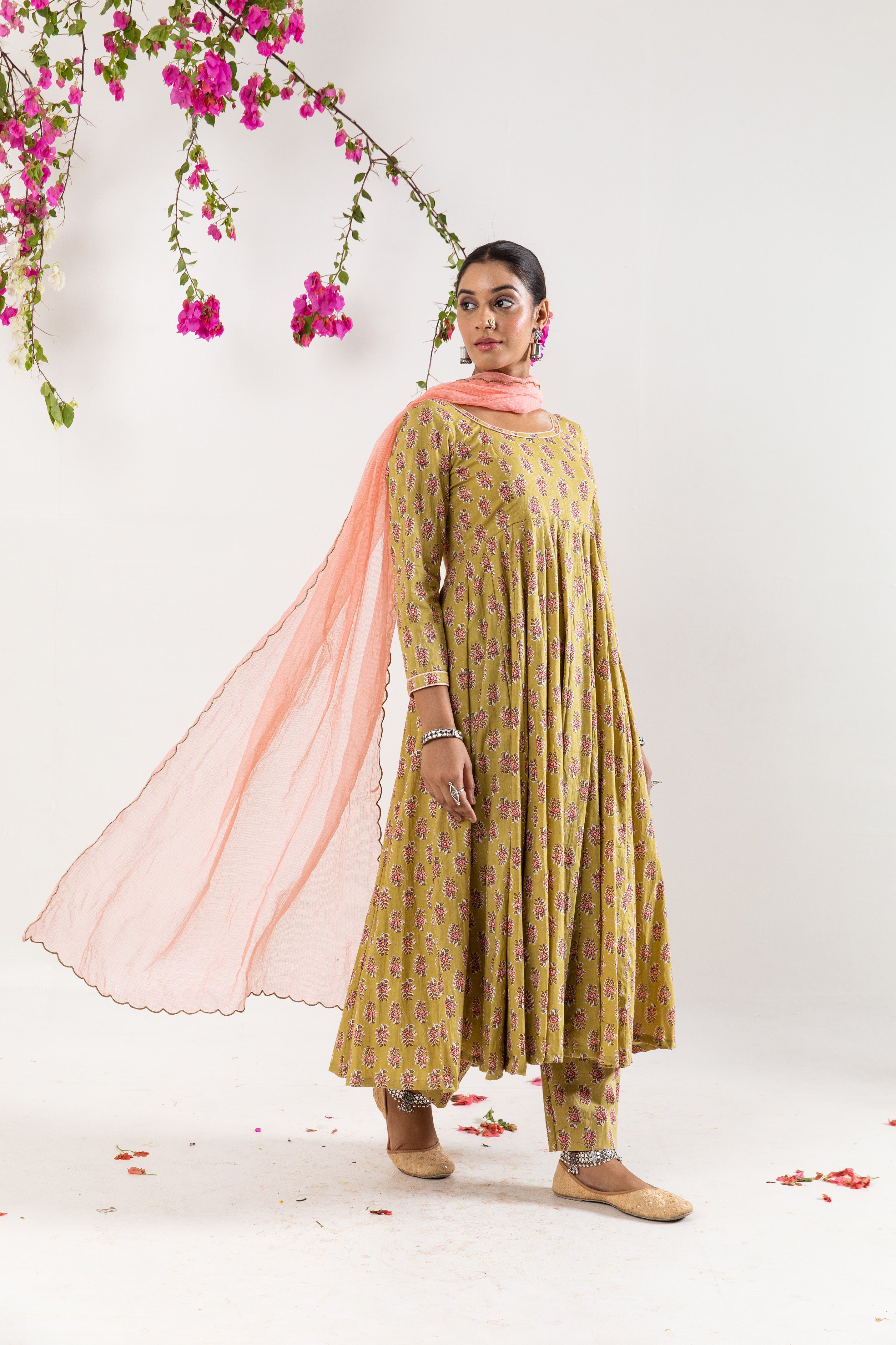 Beige green Anarkali Set