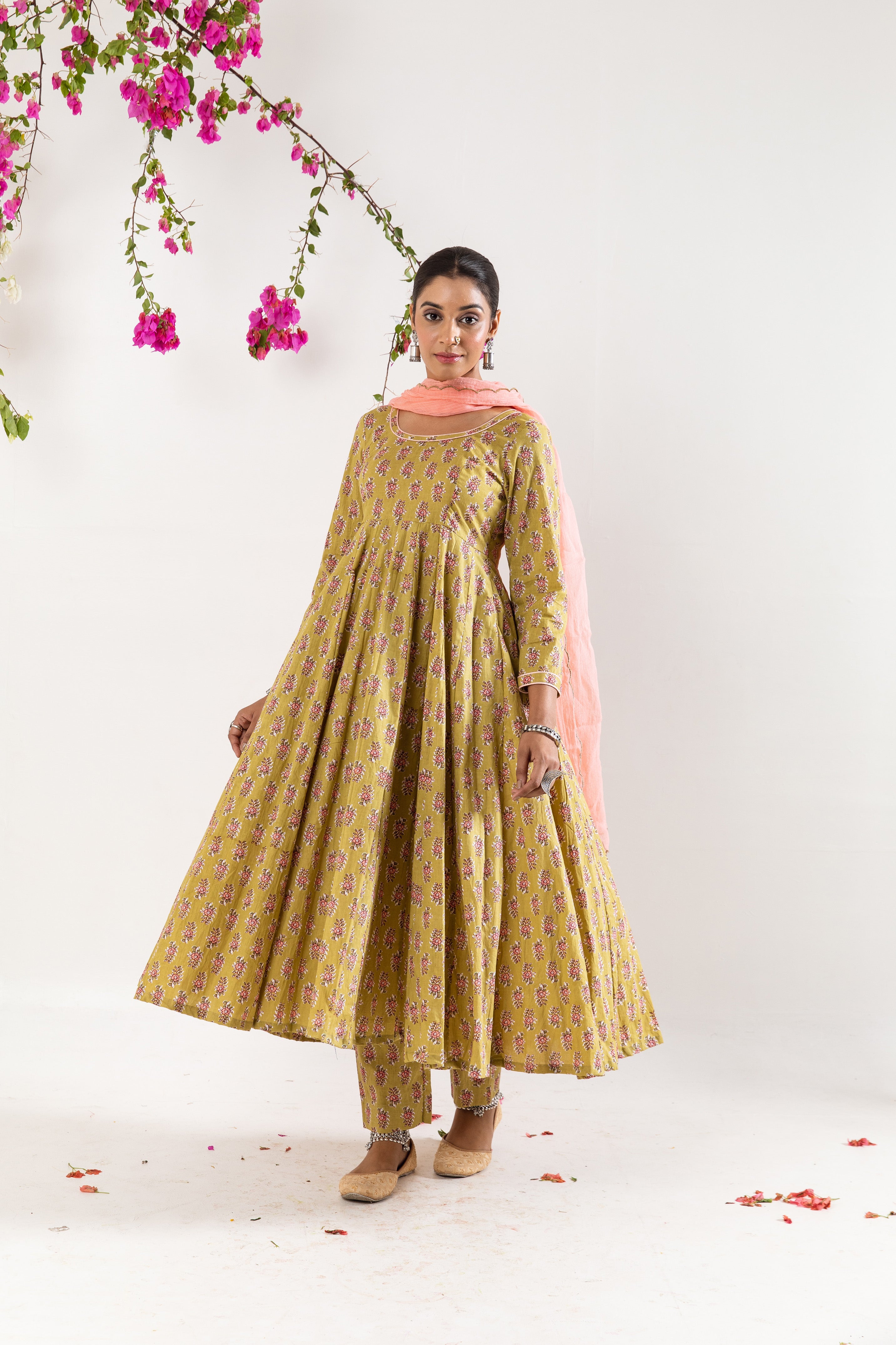 Beige green Anarkali Set