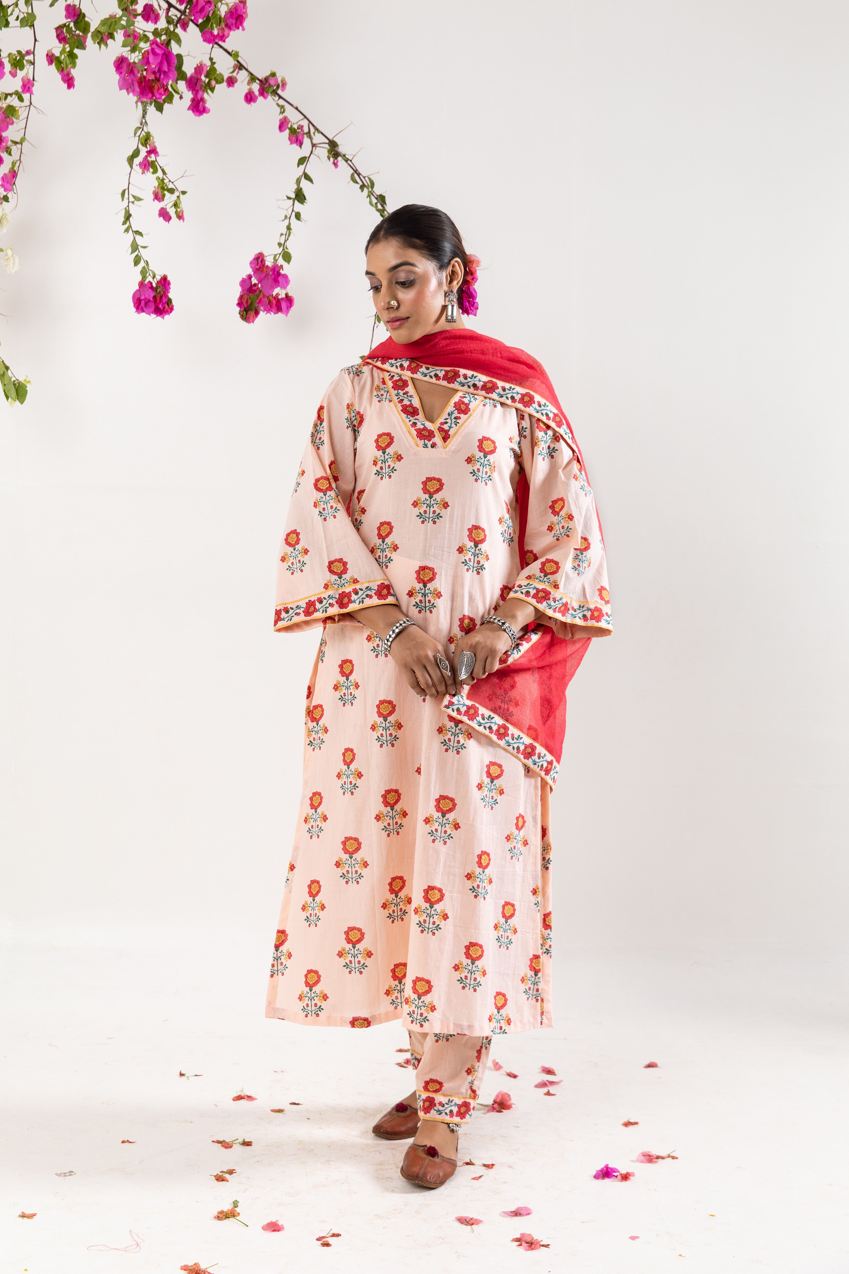 Peach hand block Kurta Set
