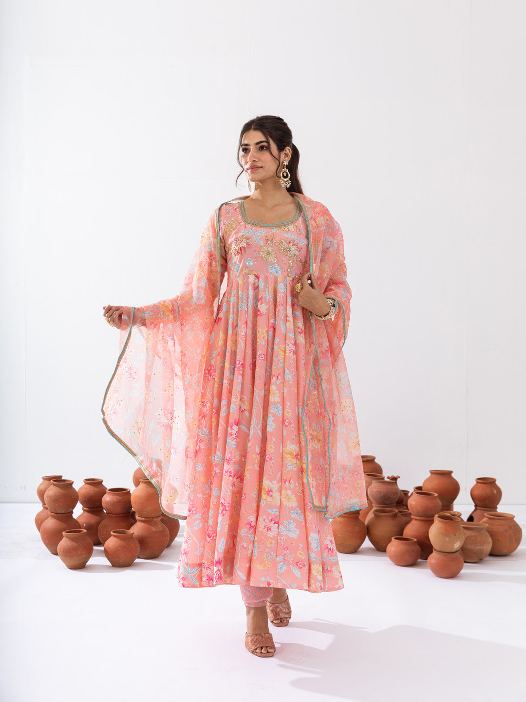 Peach floral printed anarkali set