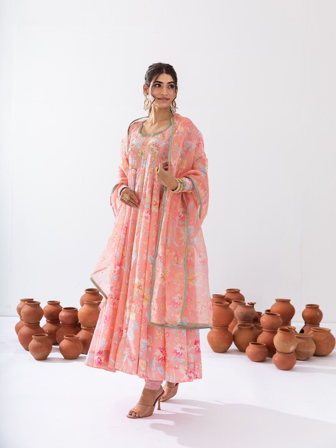 Peach floral printed anarkali set