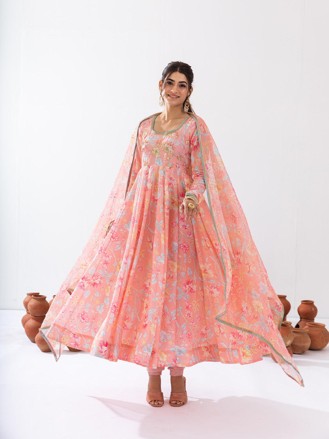 Peach floral printed anarkali set