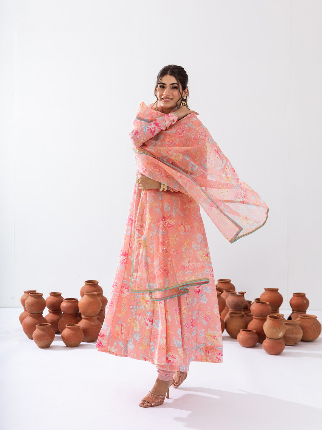 Peach floral printed anarkali set