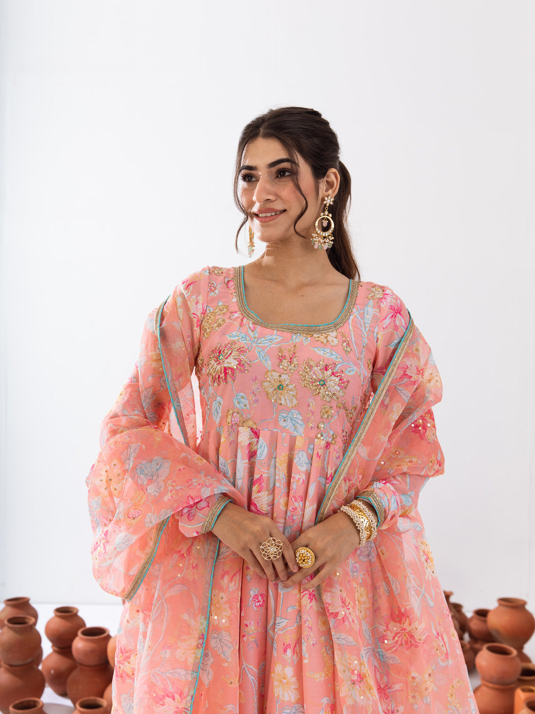Peach floral printed anarkali set