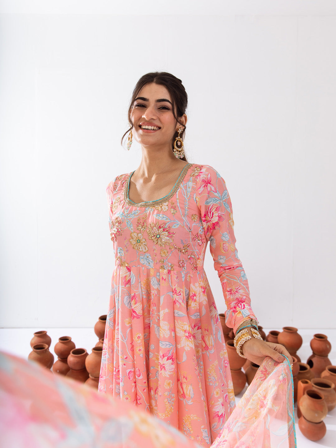 Peach floral printed anarkali set