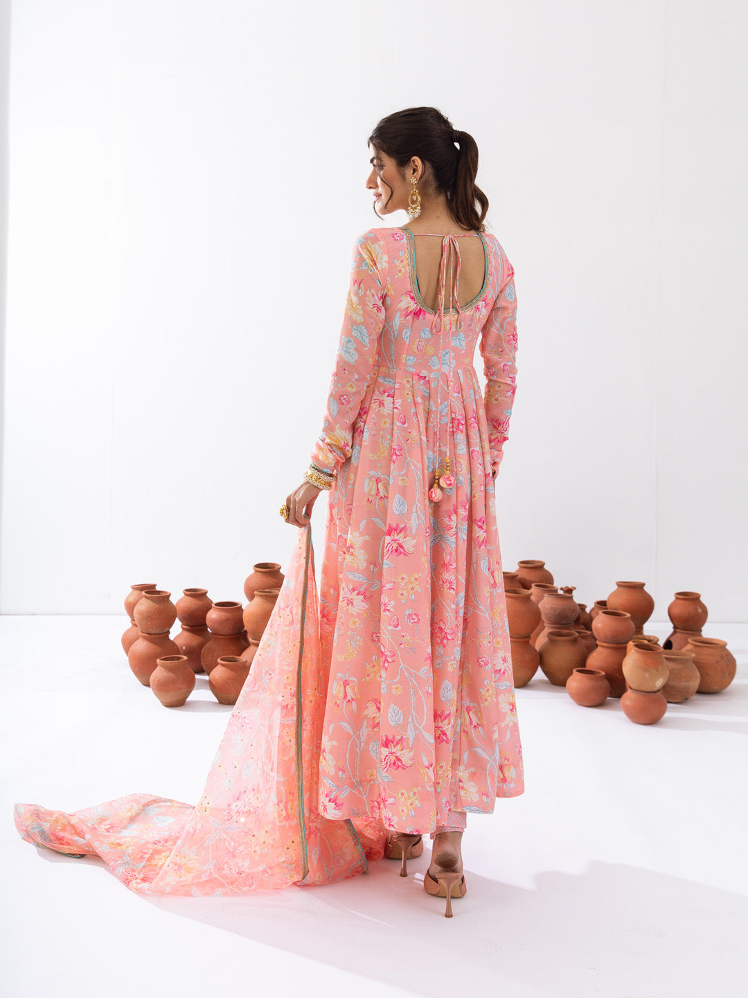 Peach floral printed anarkali set