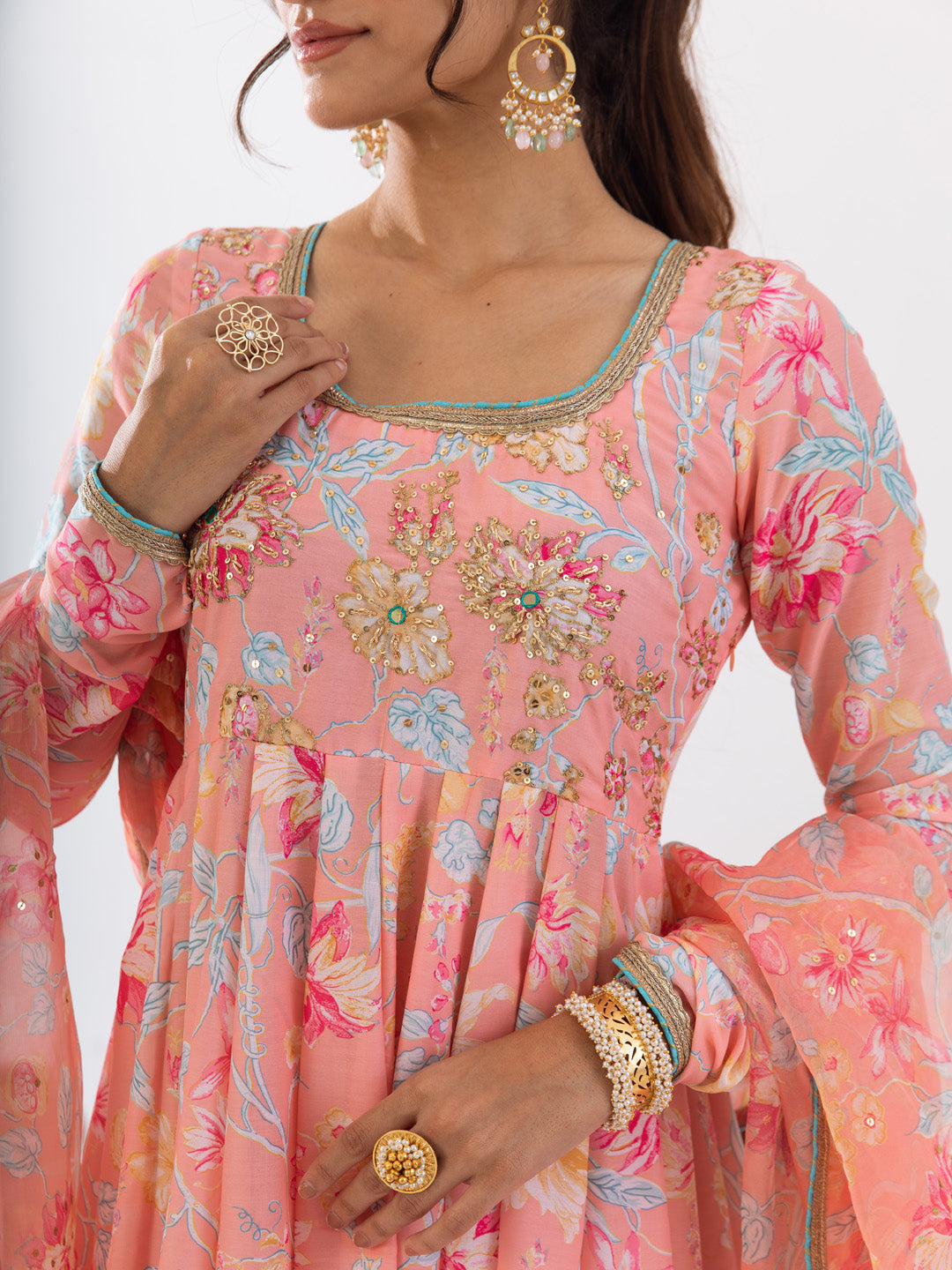 Peach floral printed anarkali set