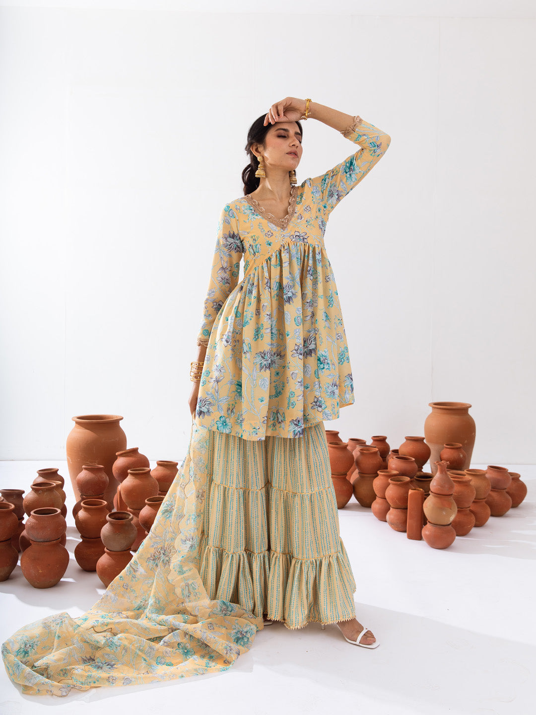 Mellow yellow floral gharara set