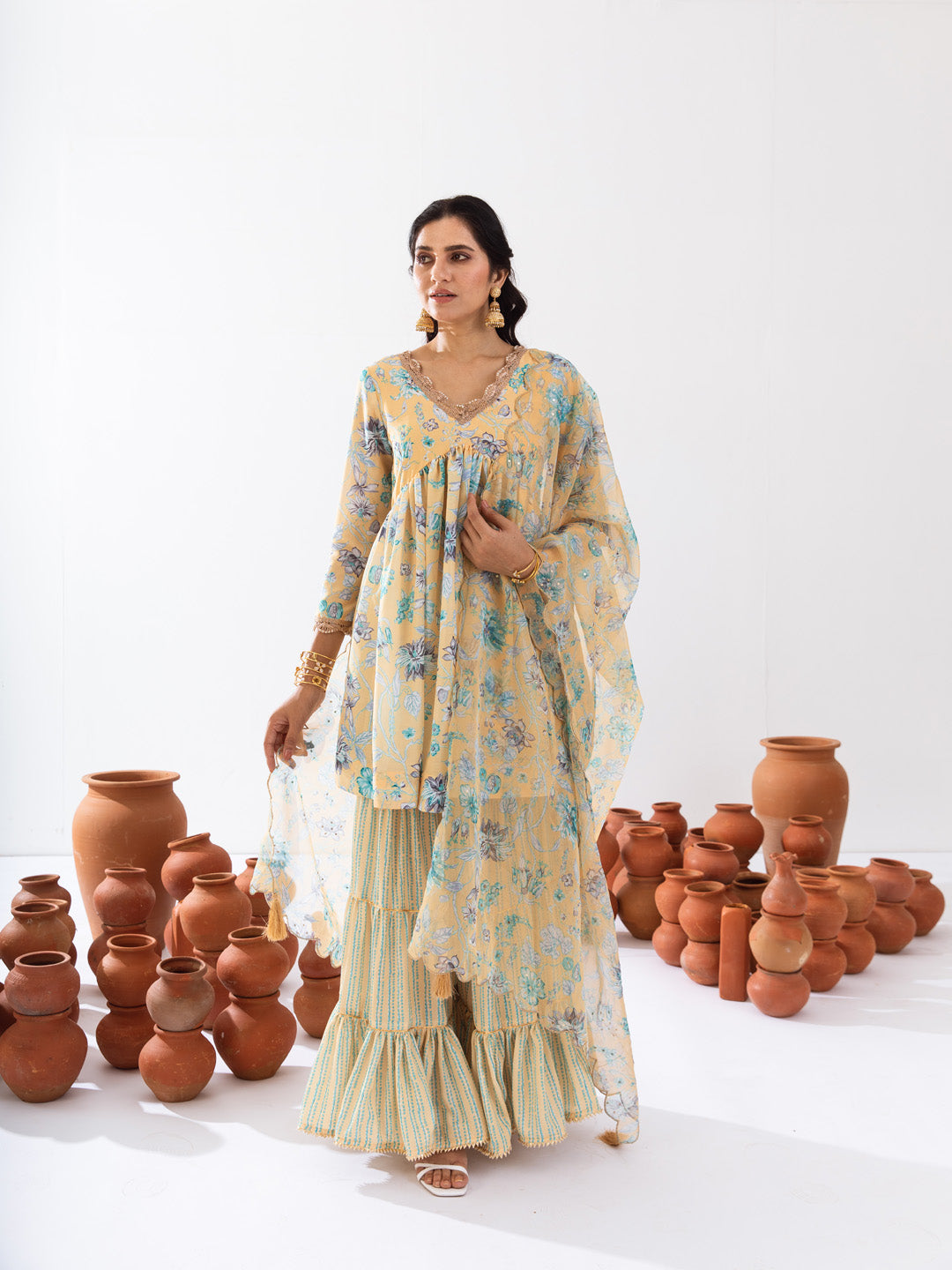 Mellow yellow floral gharara set