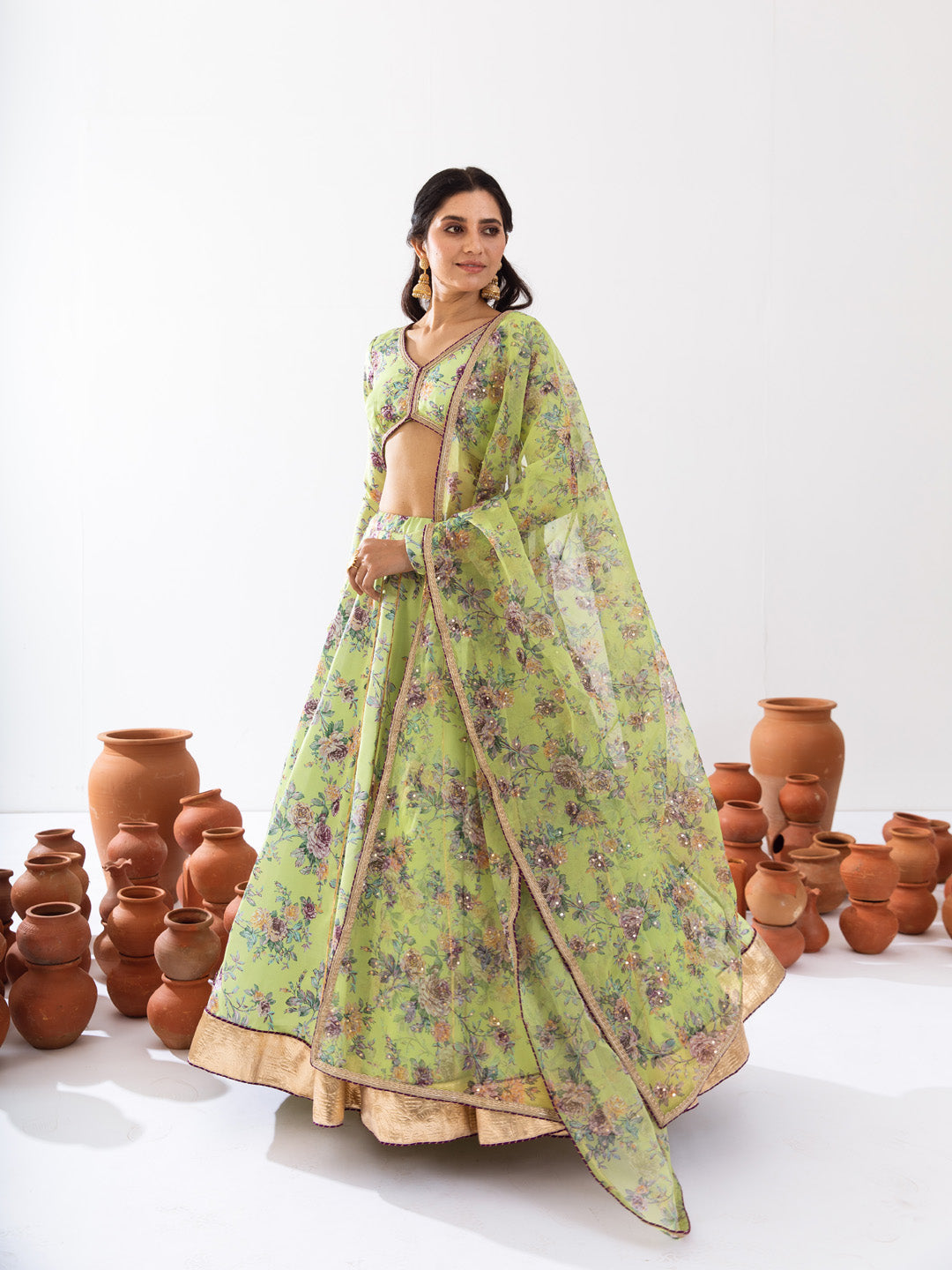 Green printed lehenga set