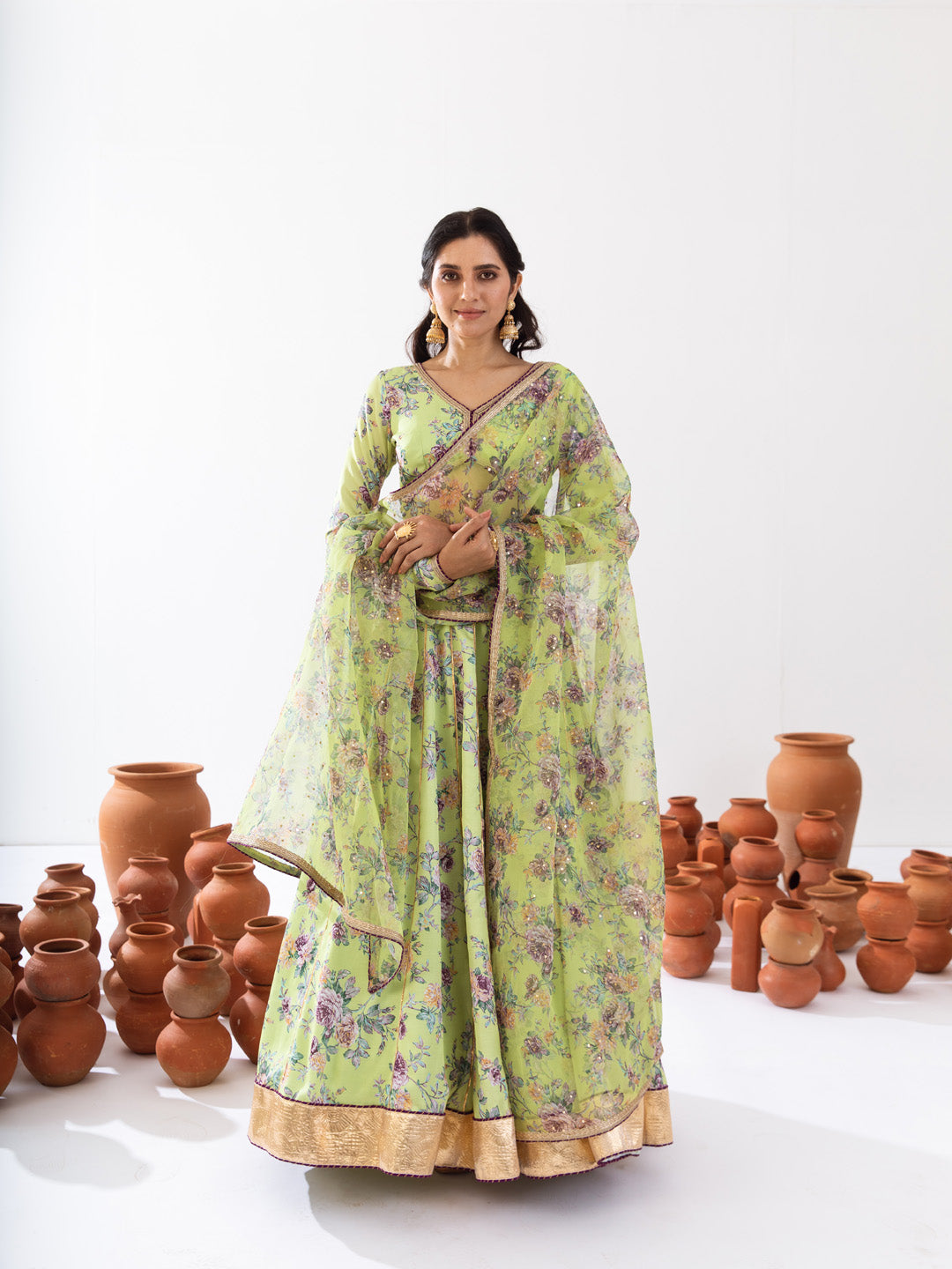 Green printed lehenga set
