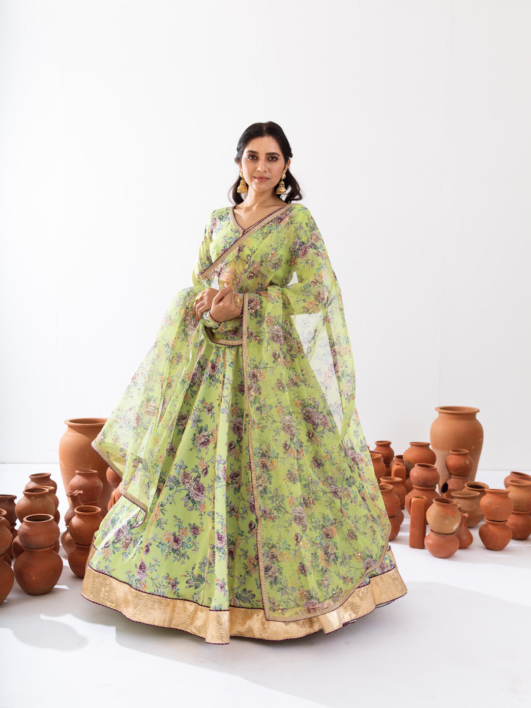 Green printed lehenga set