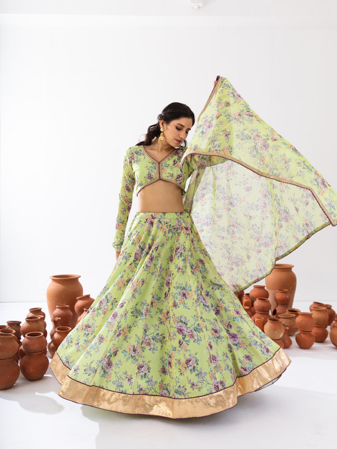 Green printed lehenga set