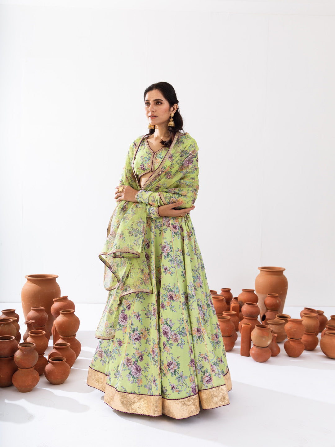 Green printed lehenga set