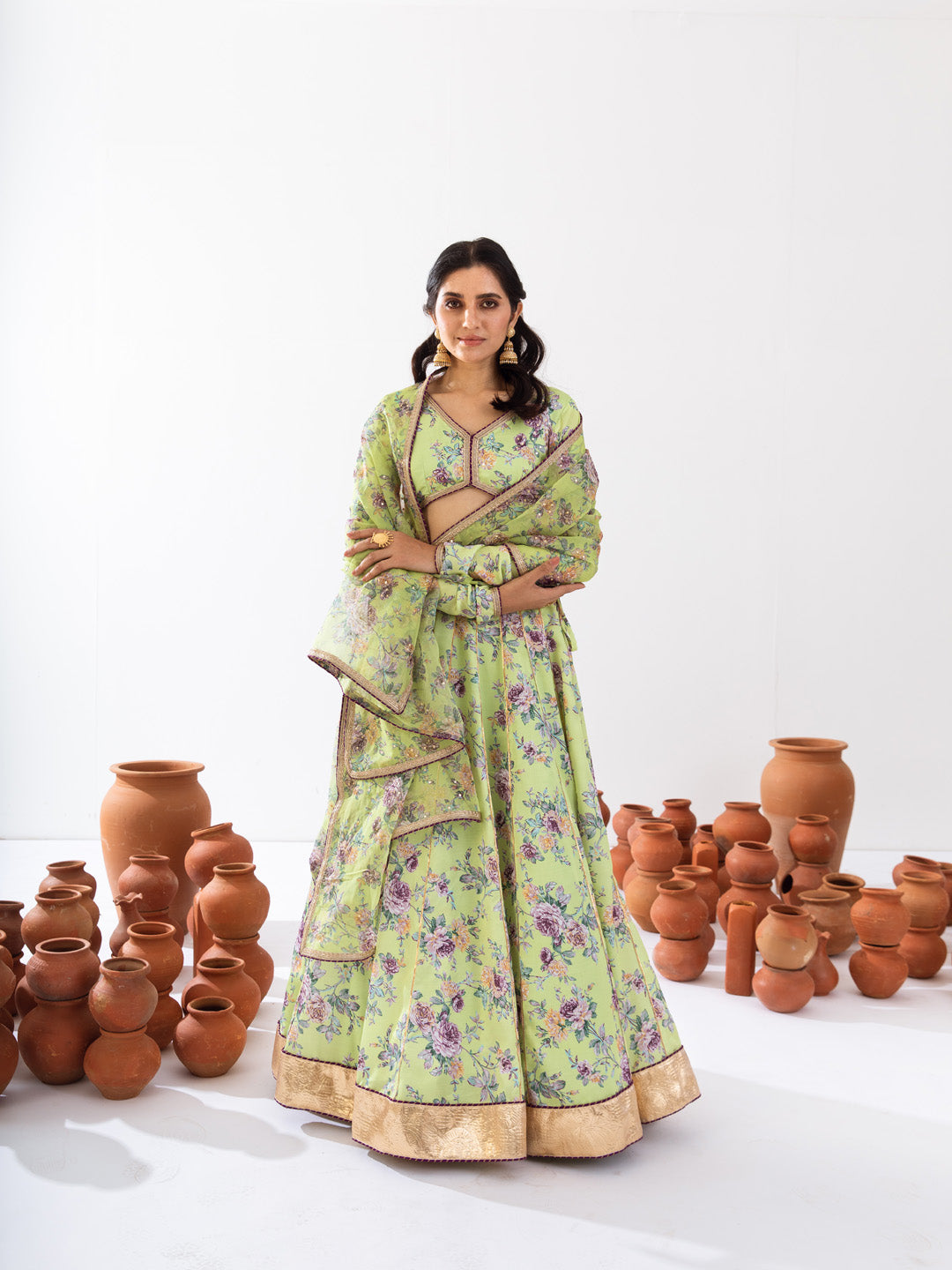 Green printed lehenga set