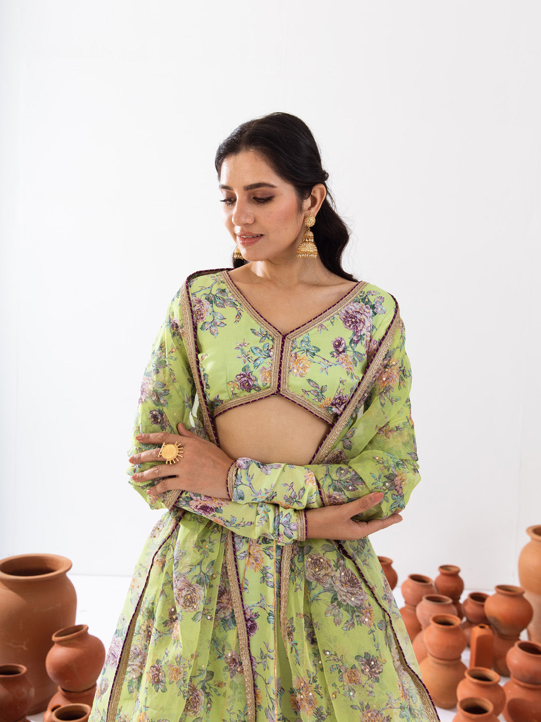 Green printed lehenga set