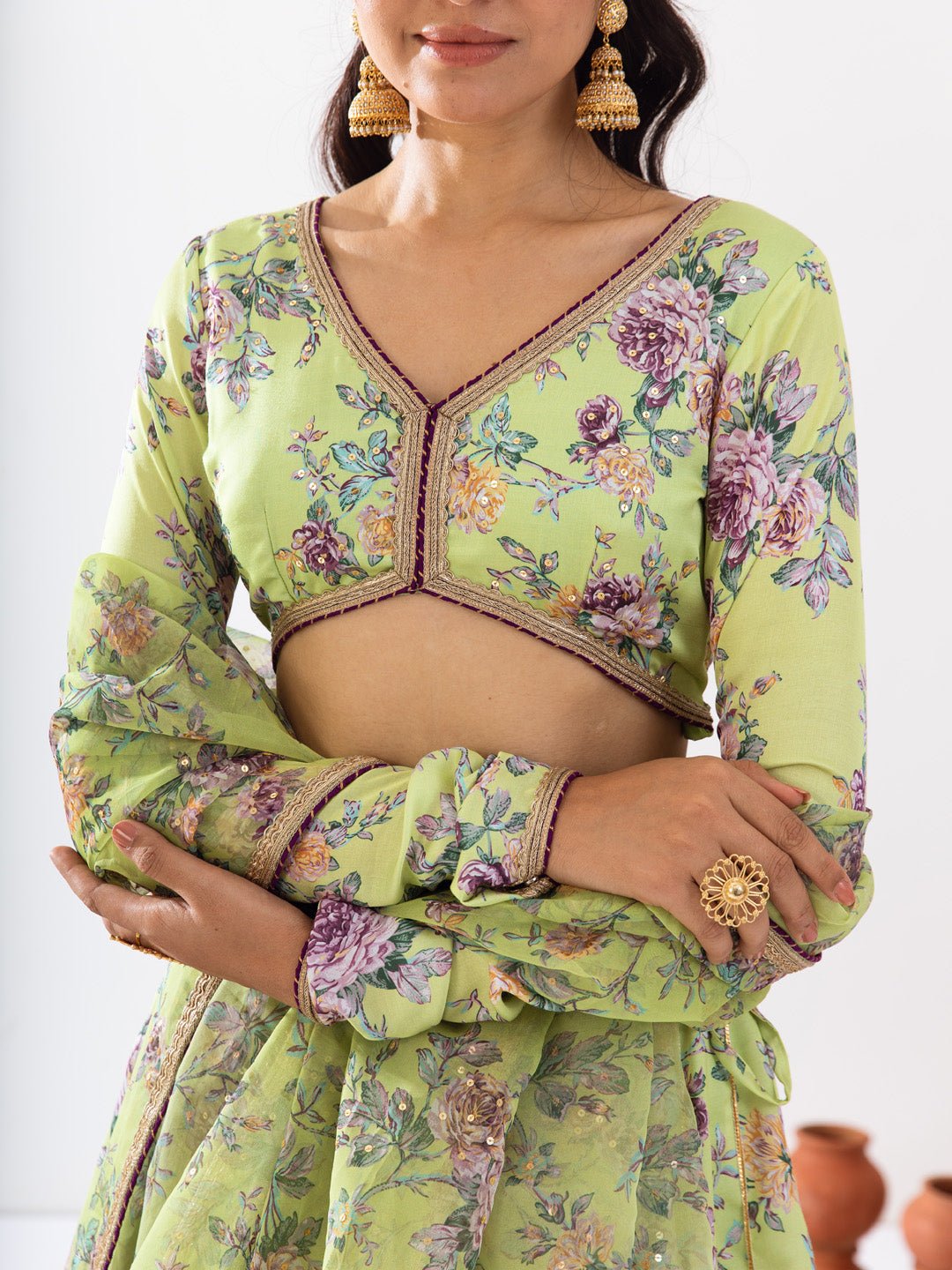 Green printed lehenga set
