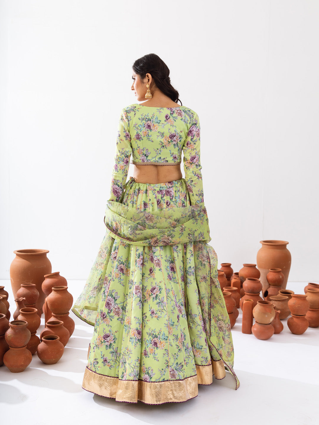 Green printed lehenga set