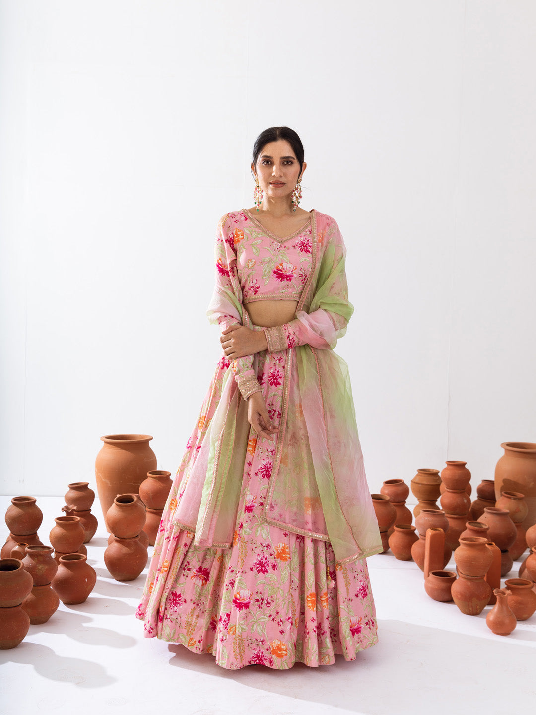 Pink green floral lehenga set