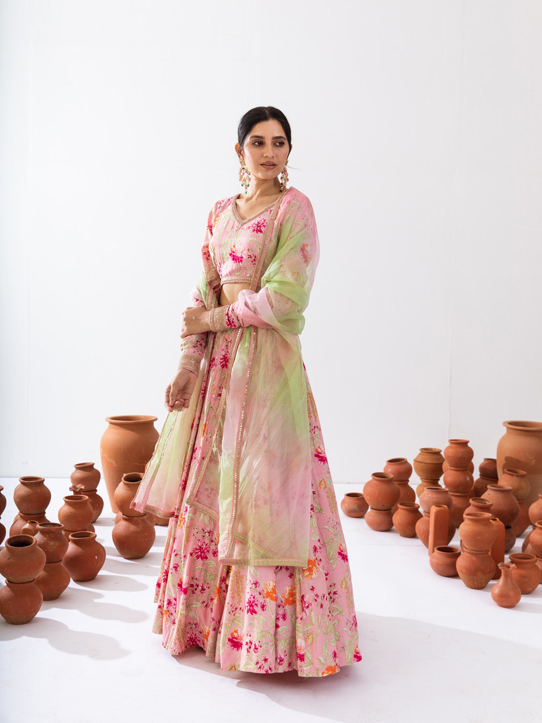 Pink green floral lehenga set