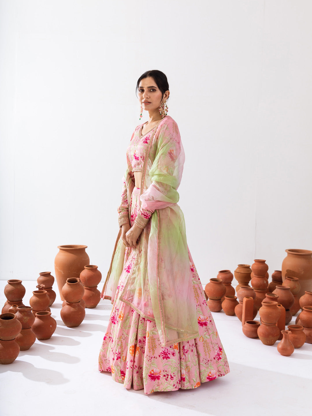 Pink green floral lehenga set