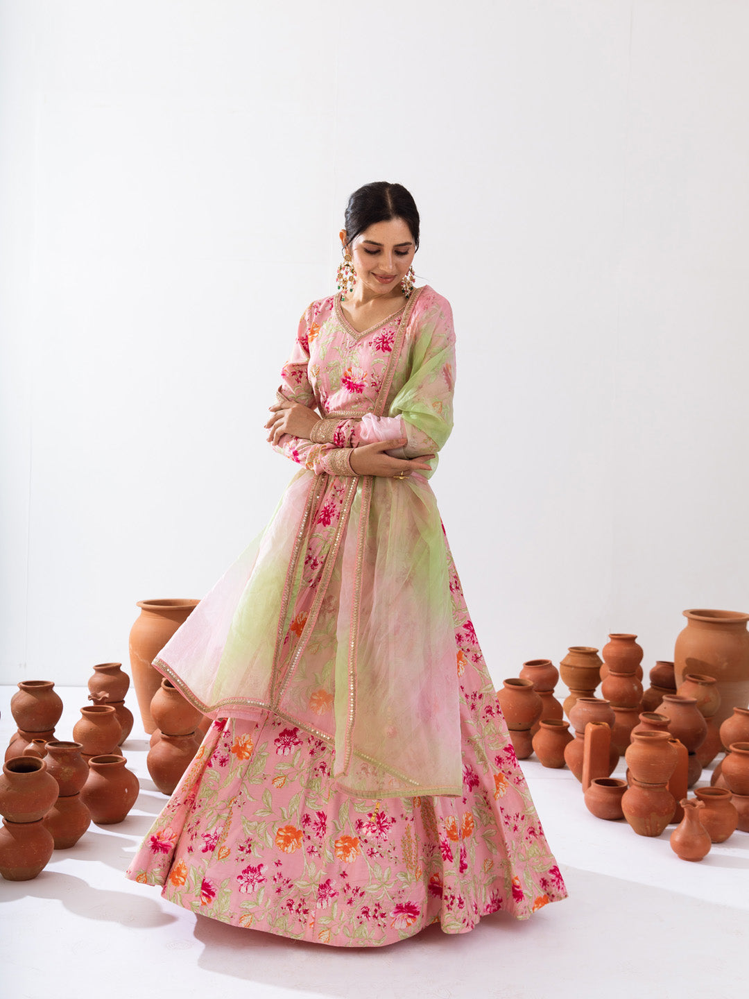 Pink green floral lehenga set