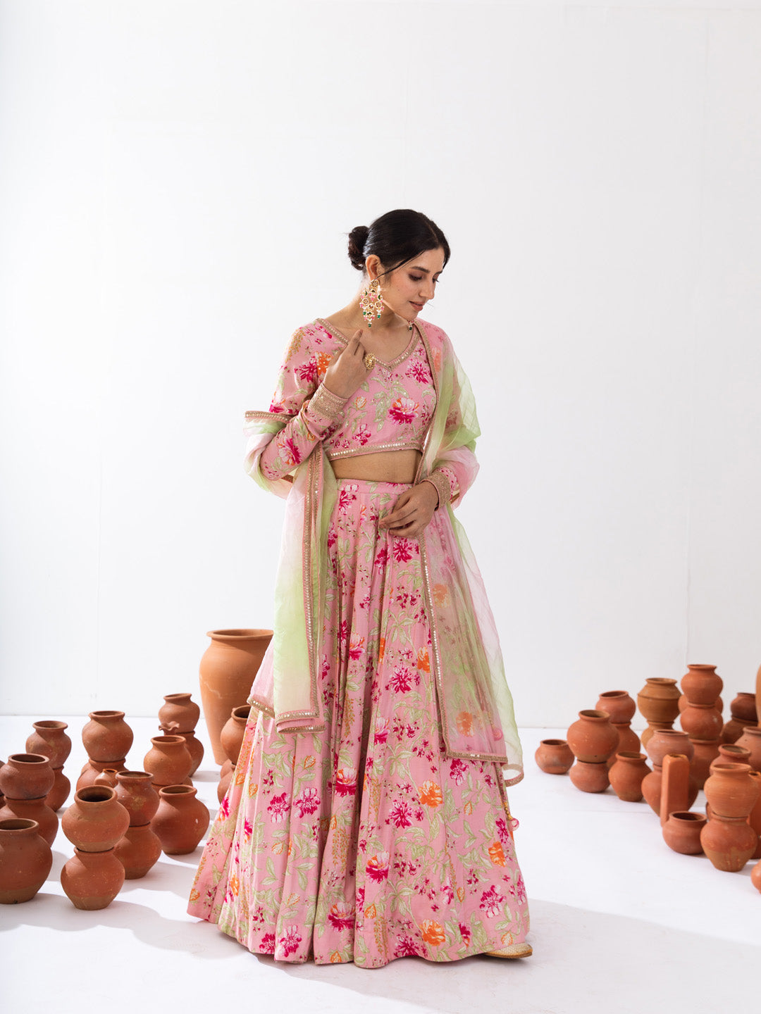 Pink green floral lehenga set