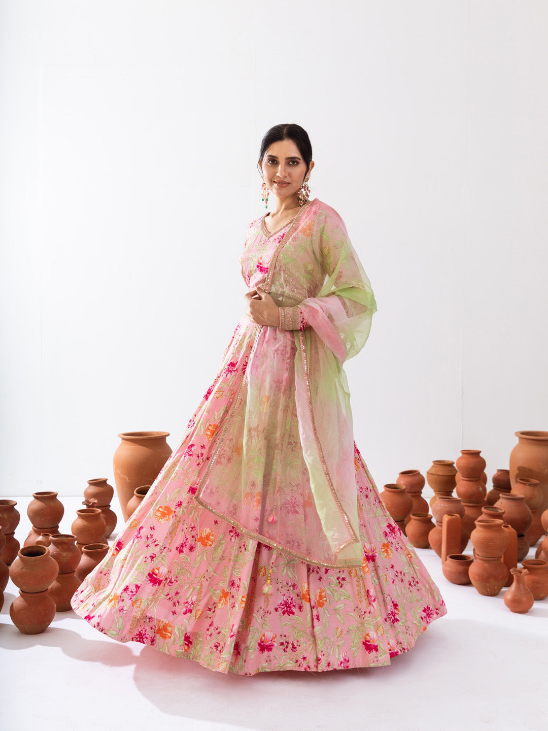 Pink green floral lehenga set
