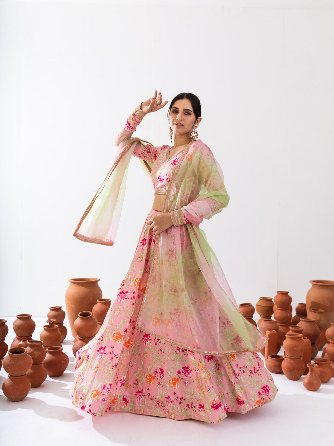 Pink green floral lehenga set