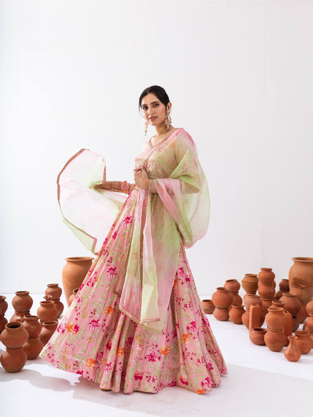 Pink green floral lehenga set
