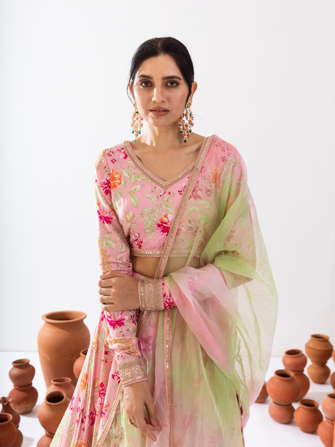 Pink green floral lehenga set