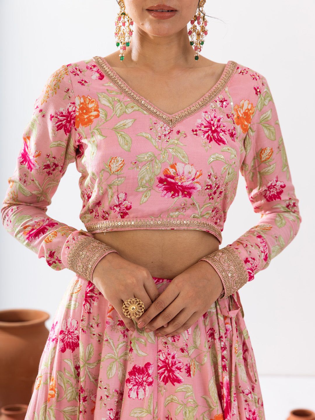 Pink green floral lehenga set