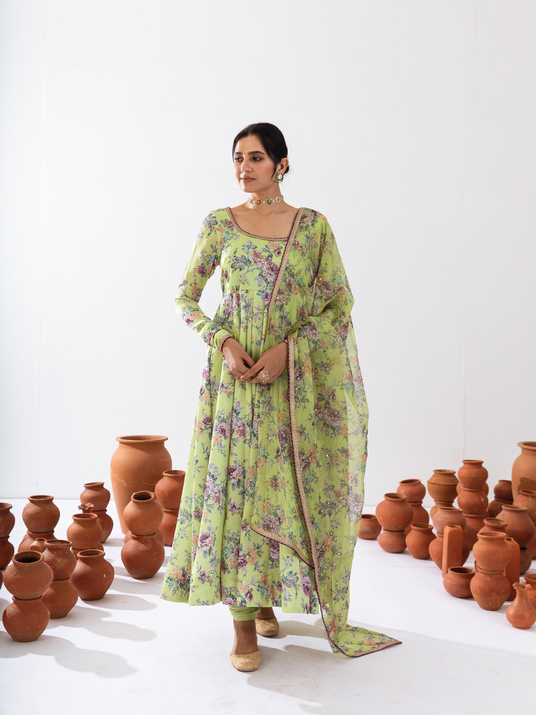 Green printed Anarkali set