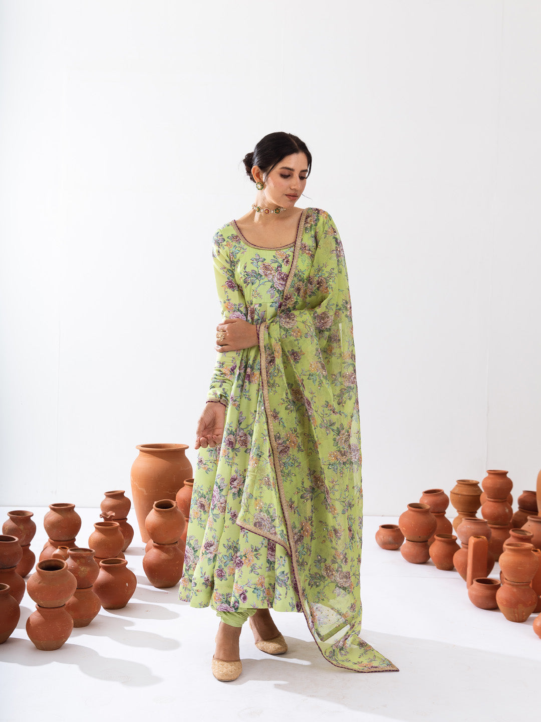 Green printed Anarkali set