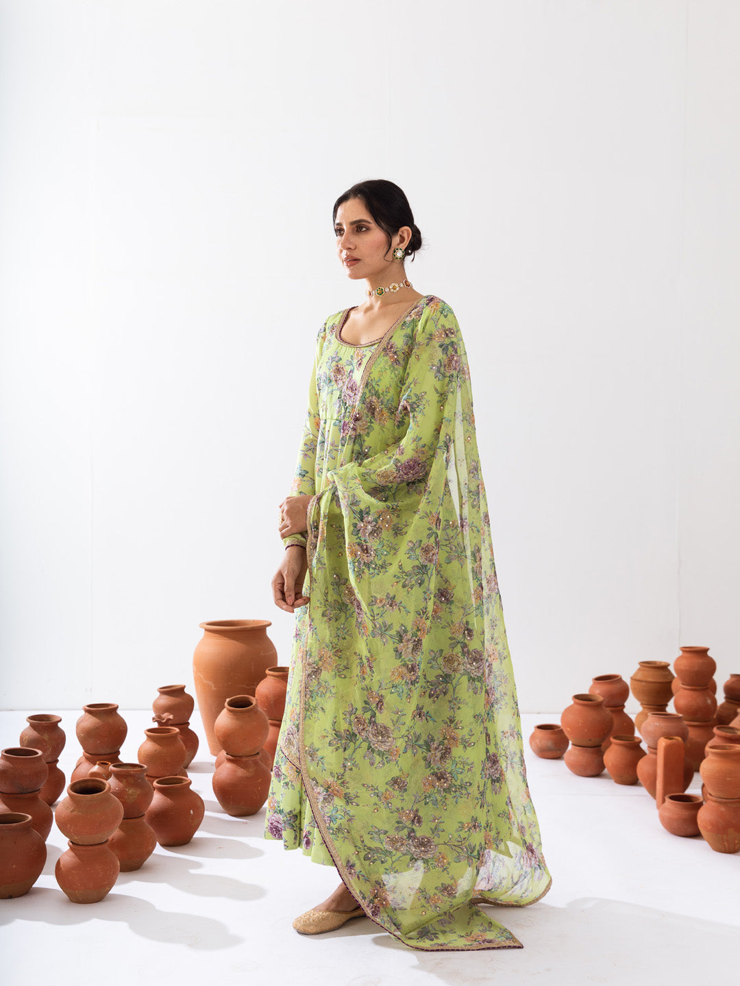 Green printed Anarkali set