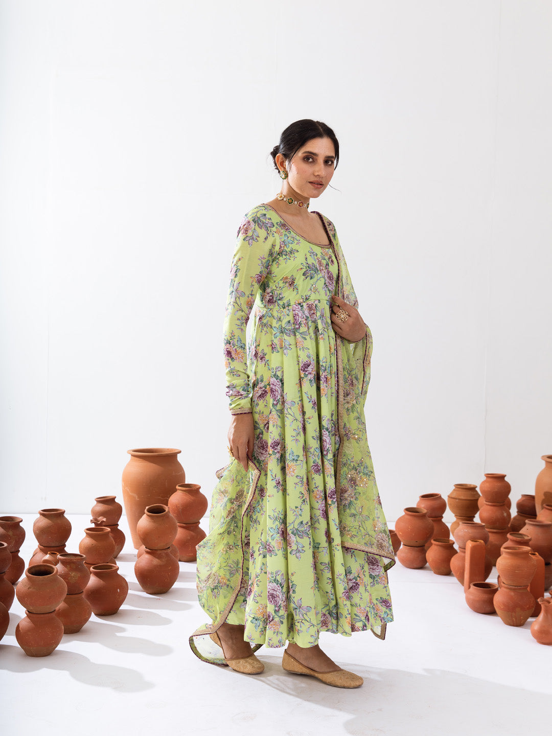 Green printed Anarkali set