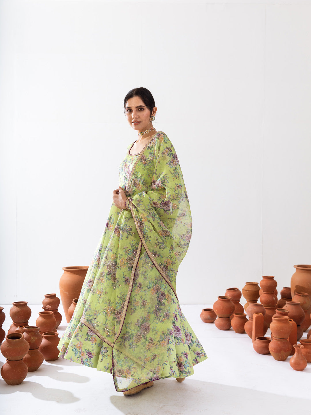 Green printed Anarkali set