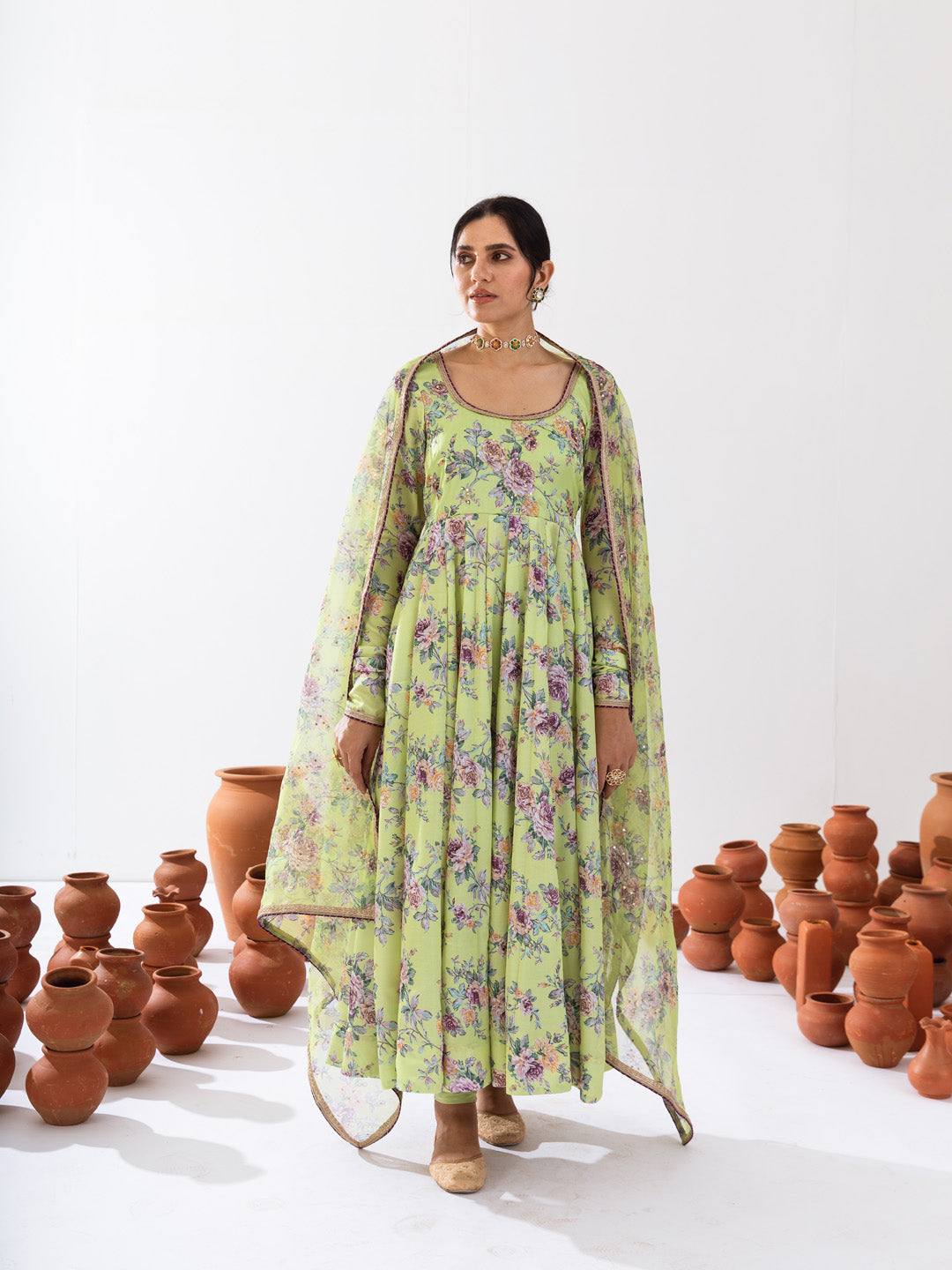 Green printed Anarkali set