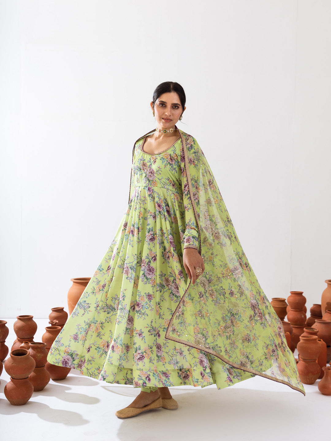Green printed Anarkali set