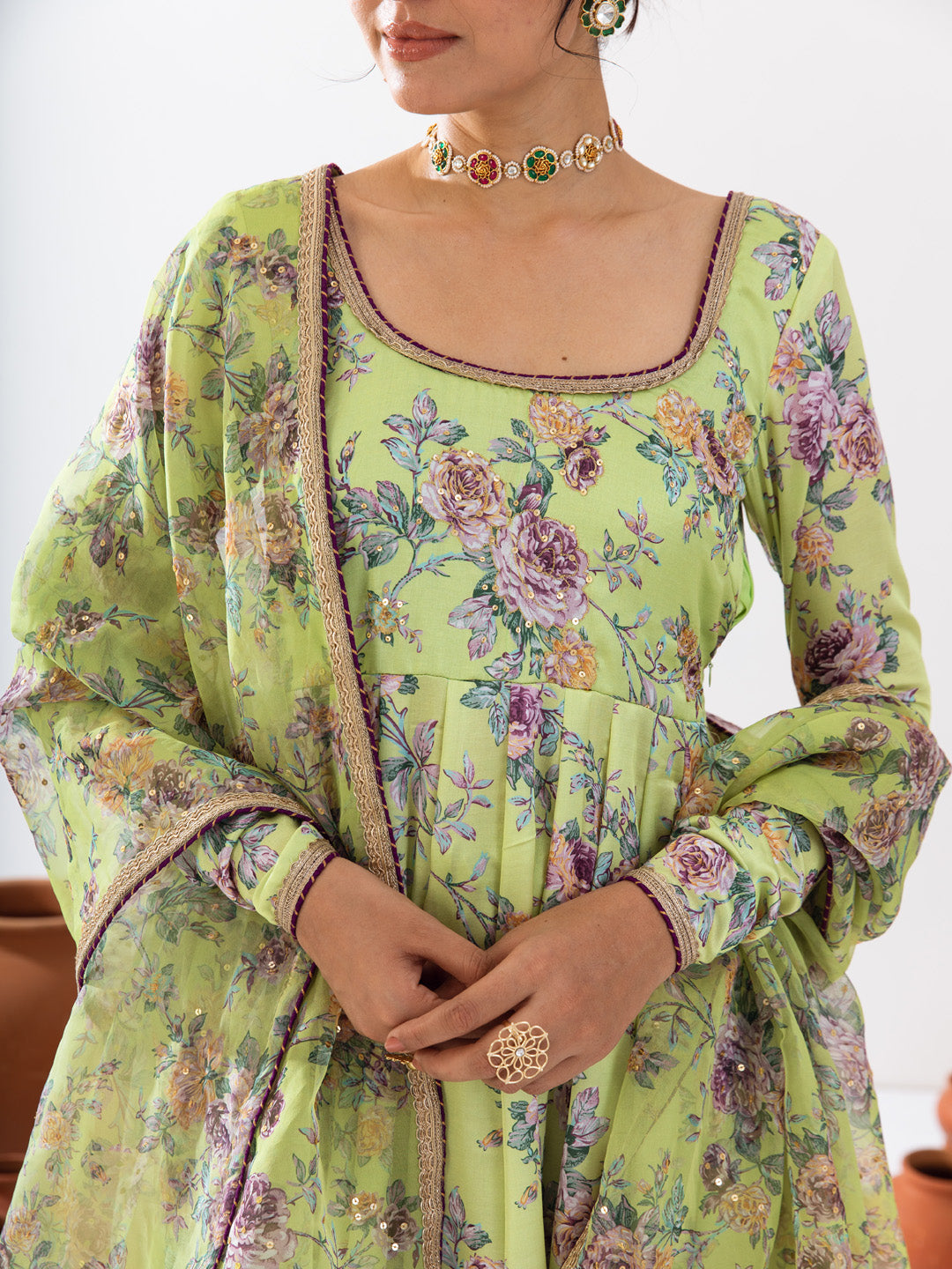 Green printed Anarkali set