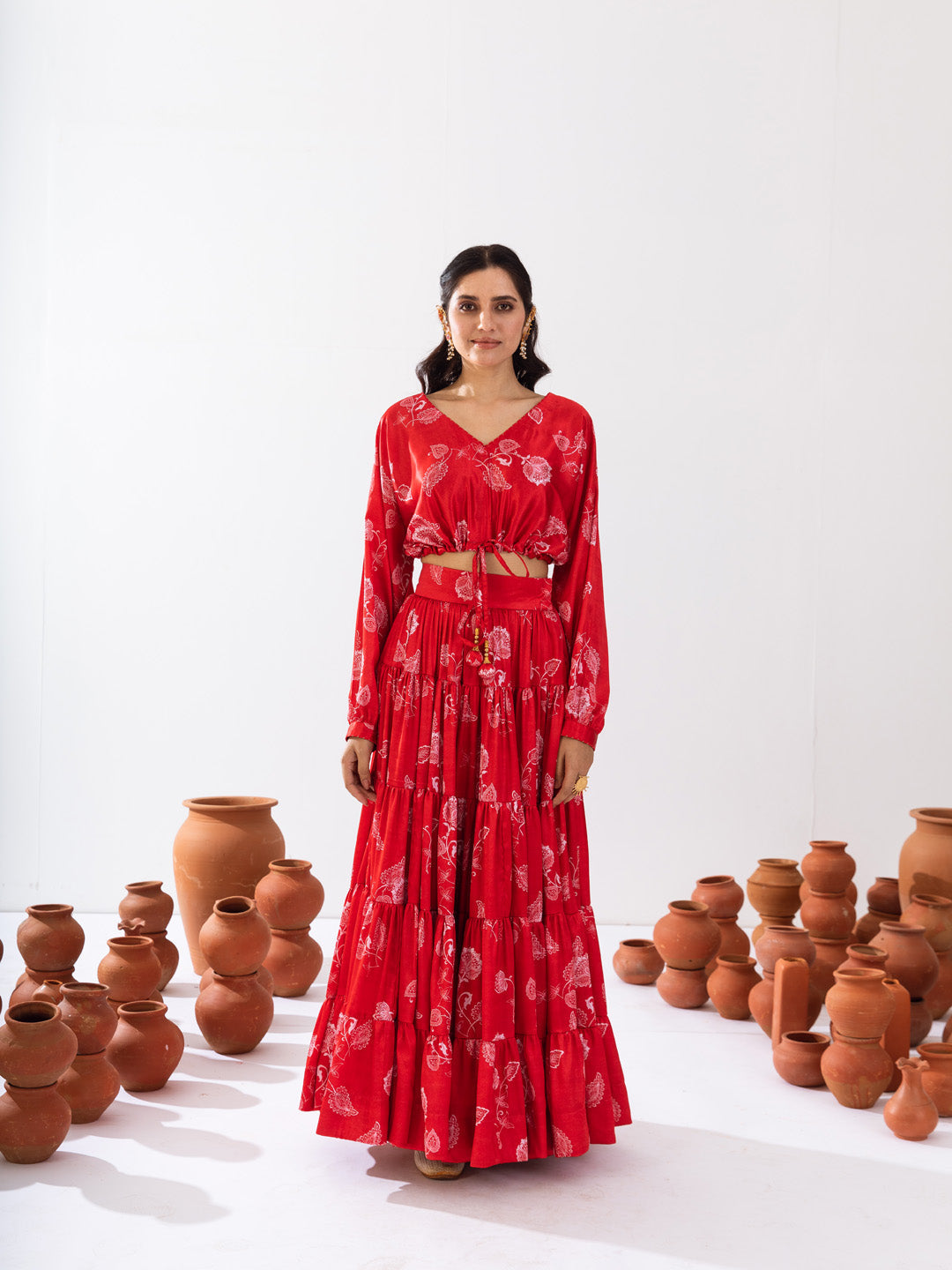 Red satin printed skirt set