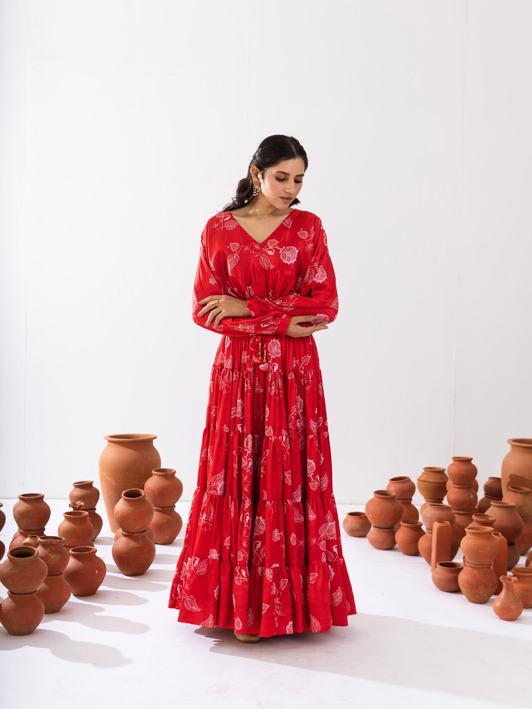 Red satin printed skirt set