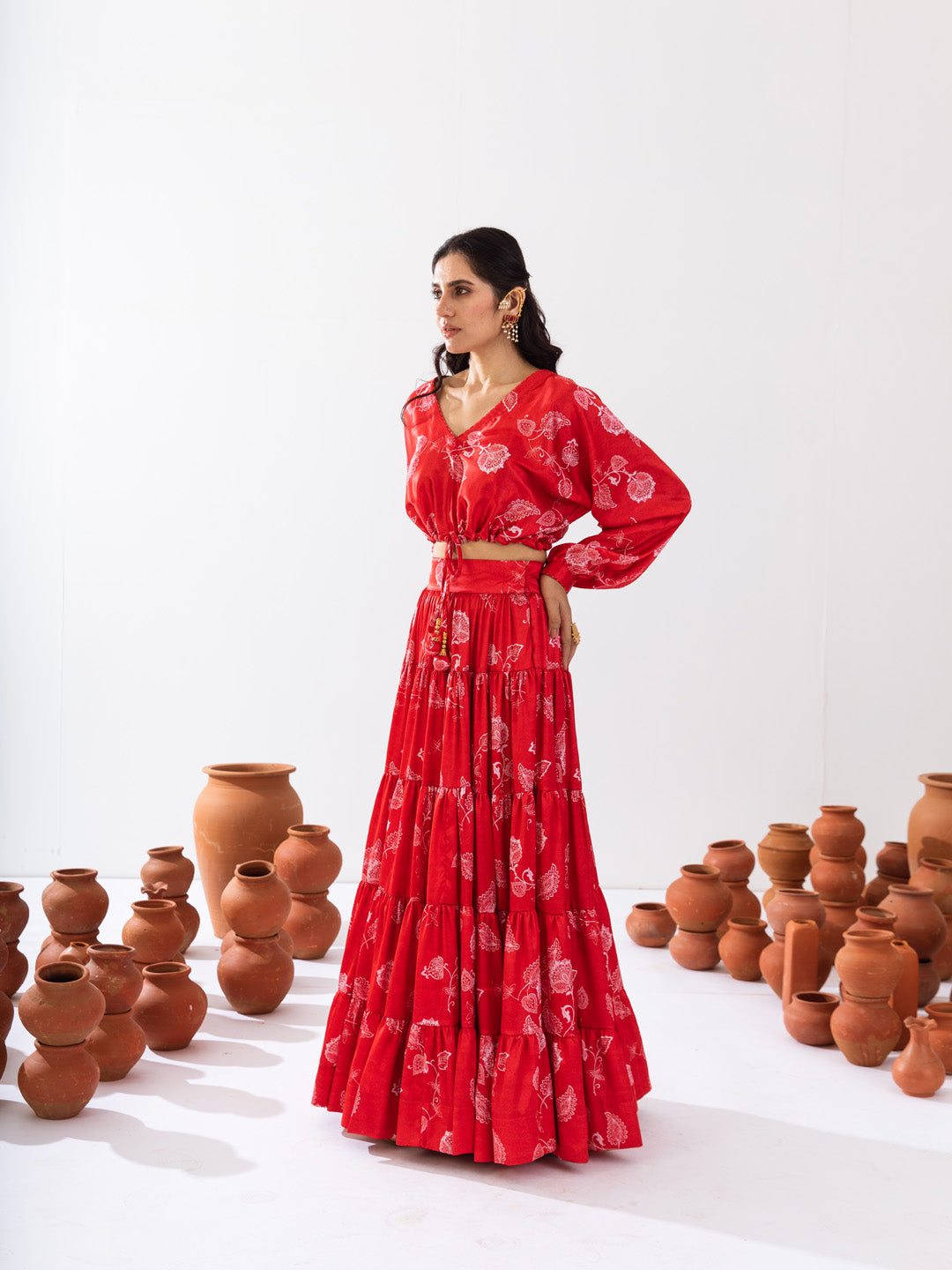 Red satin printed skirt set